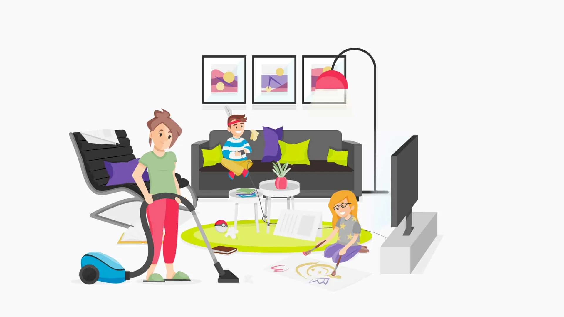 Illustrated living room: a mother vacuums while her son sits on the sofa and her daughter draws on the floor.