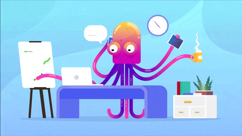 Octopus at a desk juggling eight tasks at once: whiteboard, laptop, phone, tablet and coffee