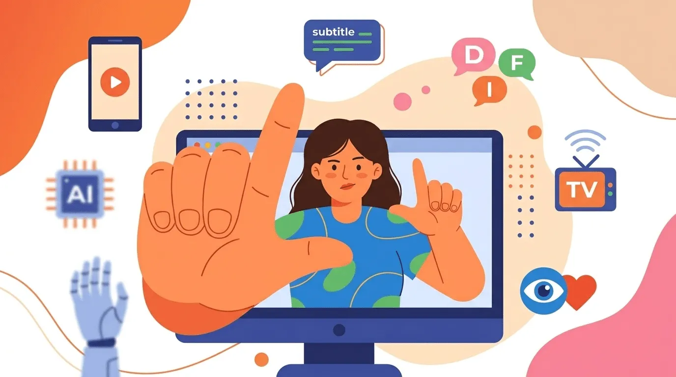 Woman on a monitor framing a shot with her hands, ringed by icons for subtitles, AI, languages, TV and mobile.