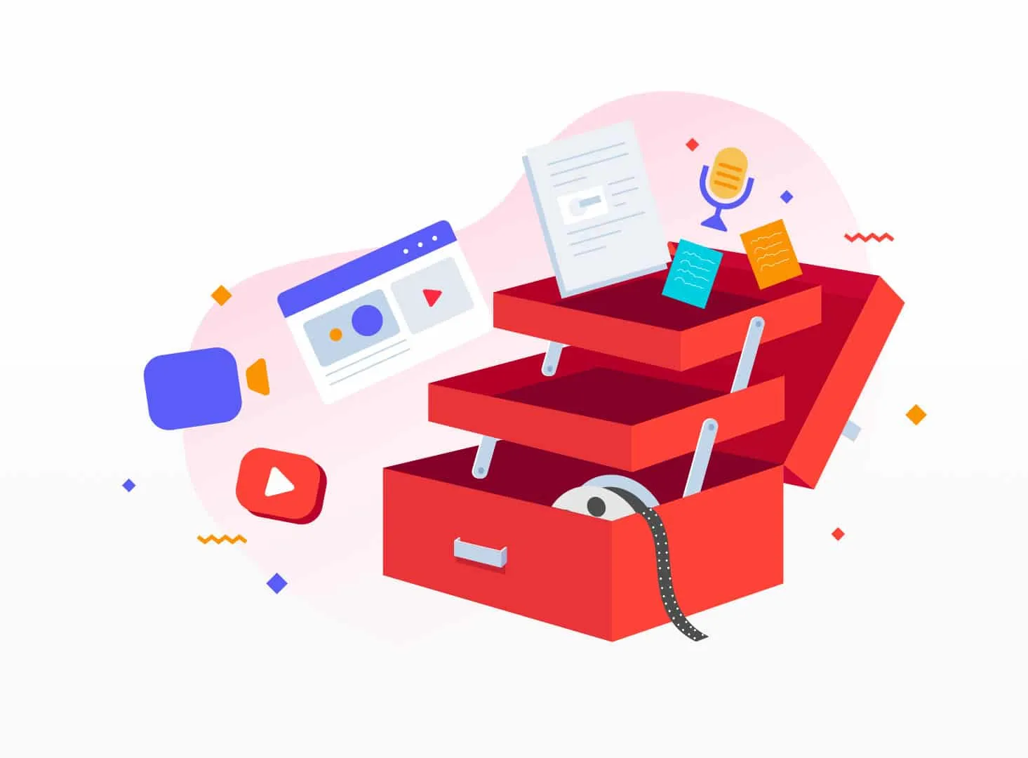 Open red toolbox with a script, microphone, video player, film strip and notes flying out of it.