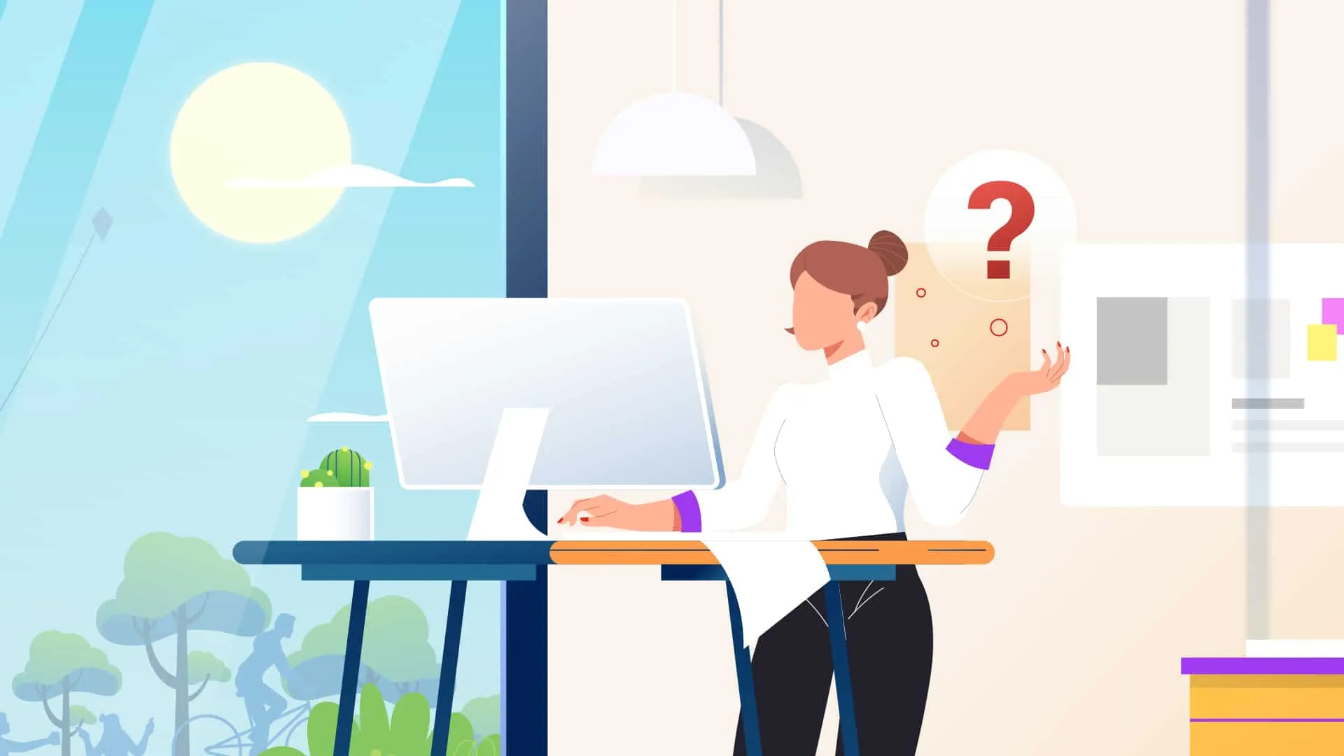 Woman at a standing desk looks puzzled at a floating panel with a large red question mark.