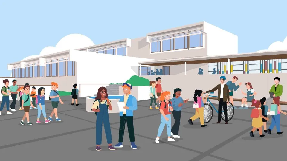 Illustrated schoolyard with pupils walking and chatting in front of a low school building.
