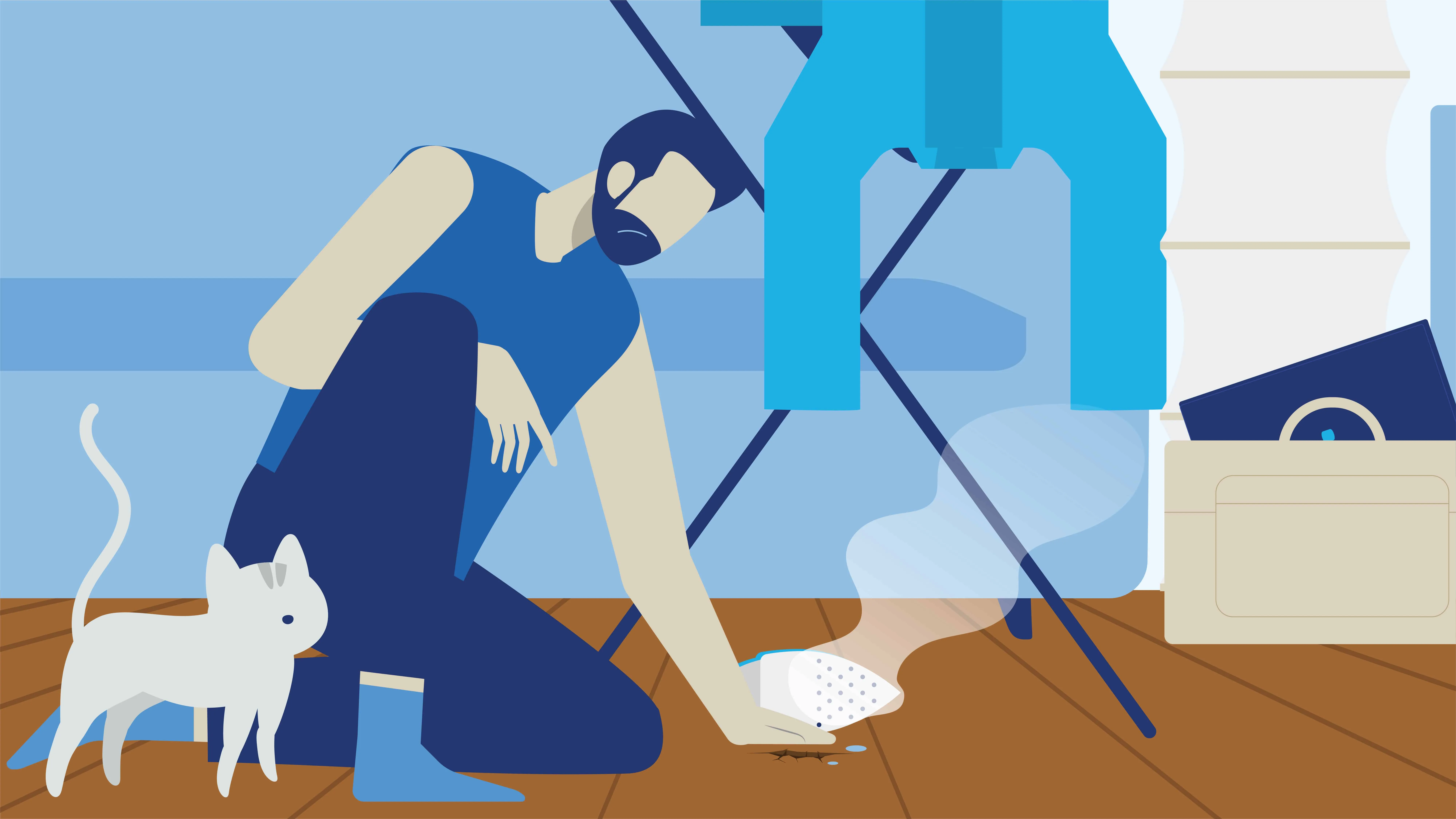 Illustration aus Erklärvideo. Mann lässt Bügeleisen fallen, Parkett-Schaden.