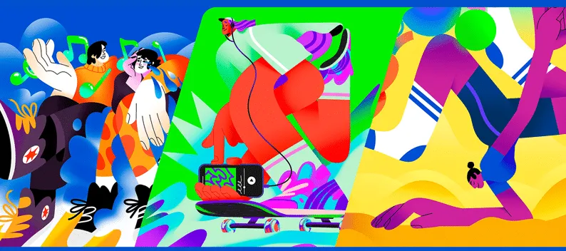 Three neon-bright panels: dancing figures, a skateboard with a phone, and a stretching athlete.