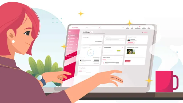 Illustration Frau sitzt vor dem Laptop und hat die E-Banking Website von Acrevis geöffnet