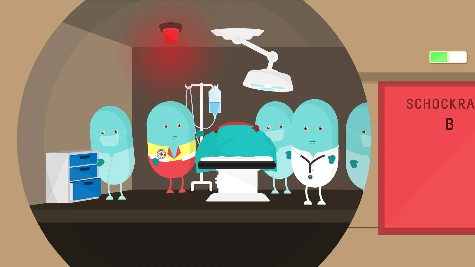 Animated characters as nurses and paramedics stand around an operating table in a darkened hospital trauma room.