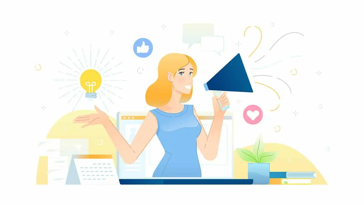 Woman holding a megaphone and a glowing light bulb by a browser window, ringed by like and heart icons