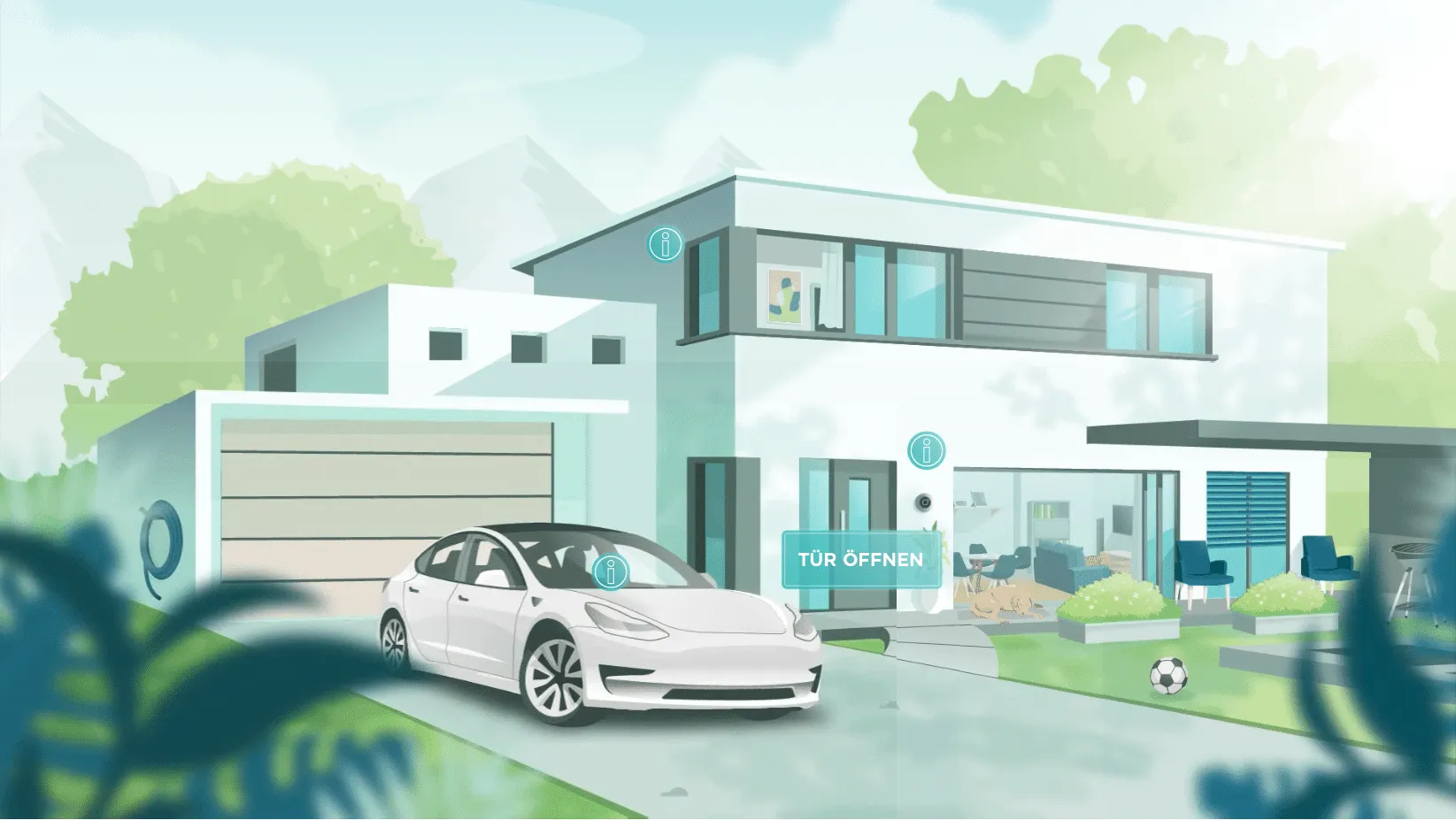 Modern house with a car in the driveway, clickable hotspots and an 'Open door' button laid over the video.