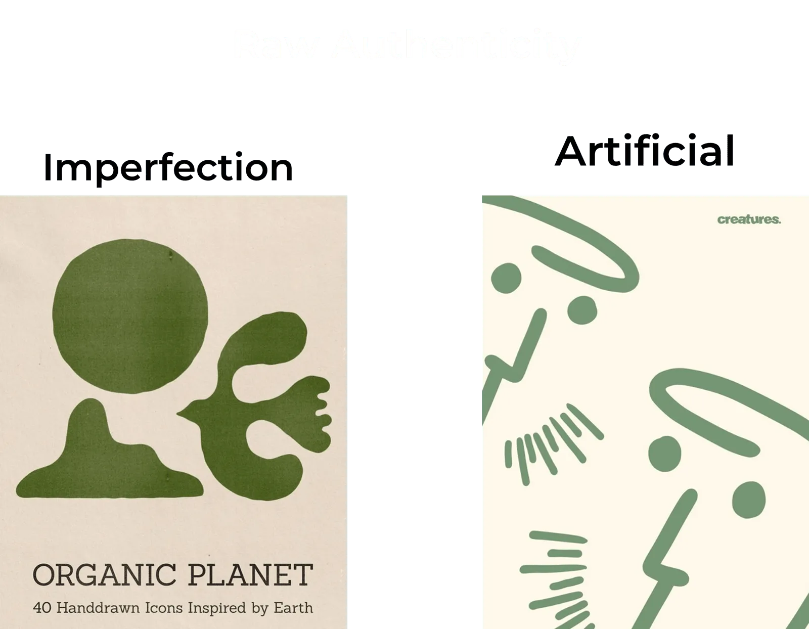 Two posters side by side: hand-drawn organic shapes labelled Imperfection, crisp vector line art labelled Artificial.