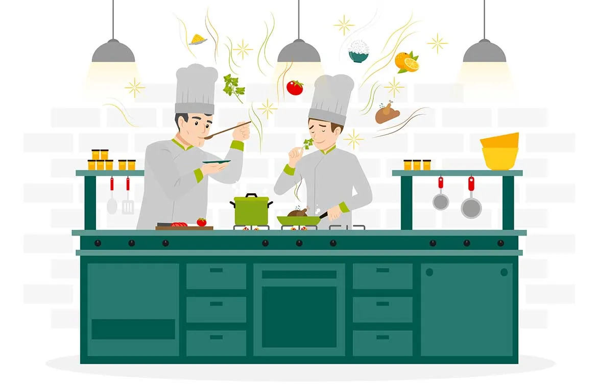 Two illustrated chefs tasting from a pot and a pan in a kitchen, with ingredients floating above them
