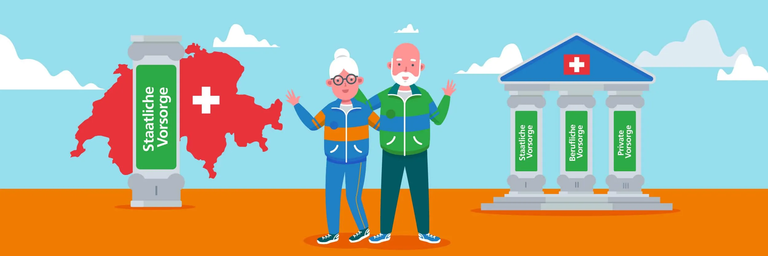 Elderly couple waving between a map of Switzerland and a temple with state, occupational and private pension pillars