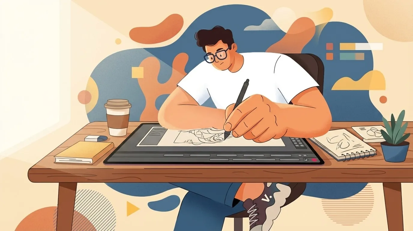 Illustrator drawing on a pen display tablet at a desk, with a coffee cup, sketchbook and plant beside him