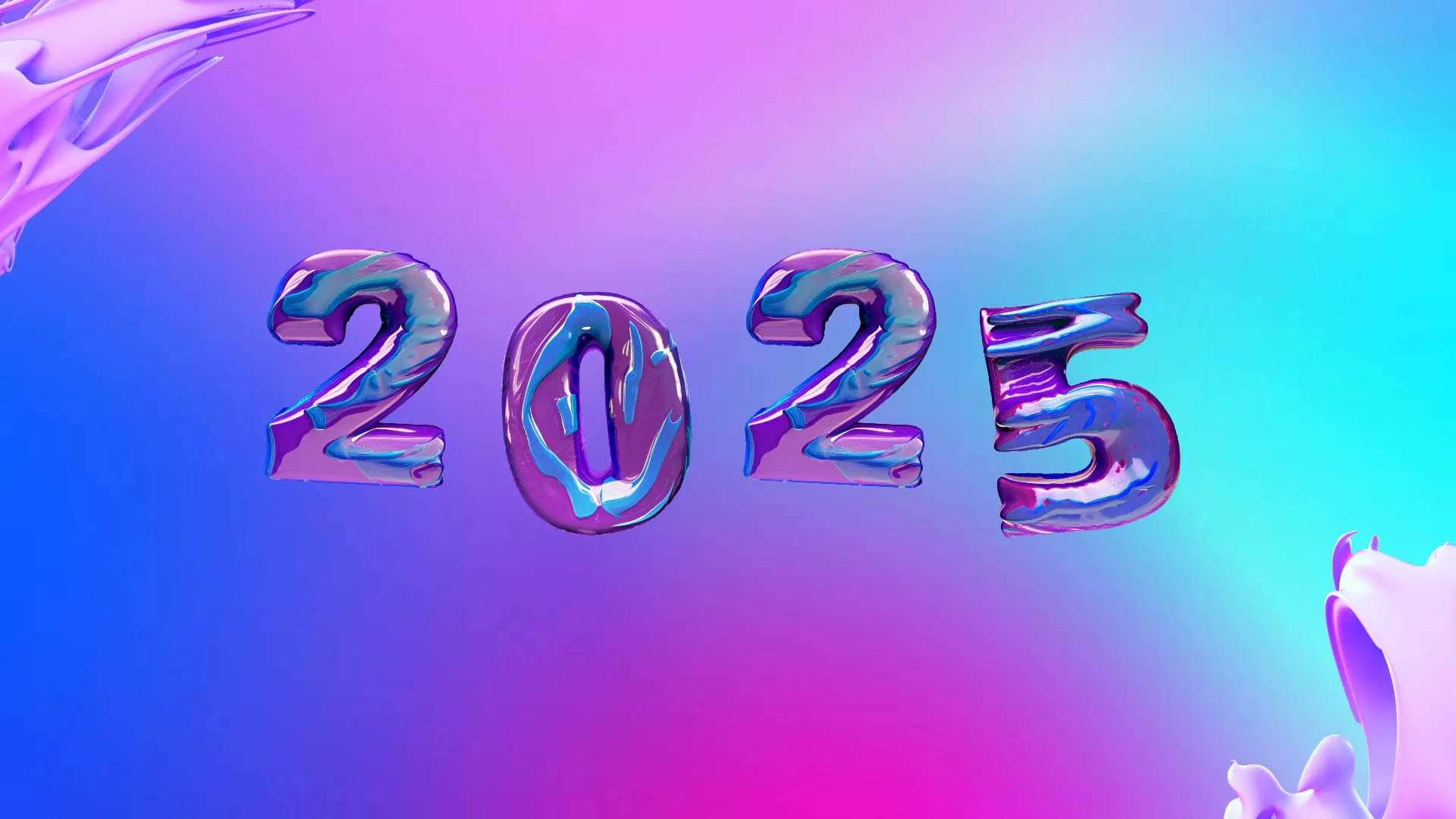 Glossy 3D chrome numerals reading 2025 on a pink-and-blue gradient