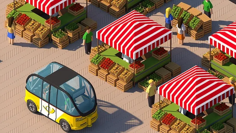 Isometric 3D scene of a yellow self-driving shuttle passing market stalls stacked with crates of produce.