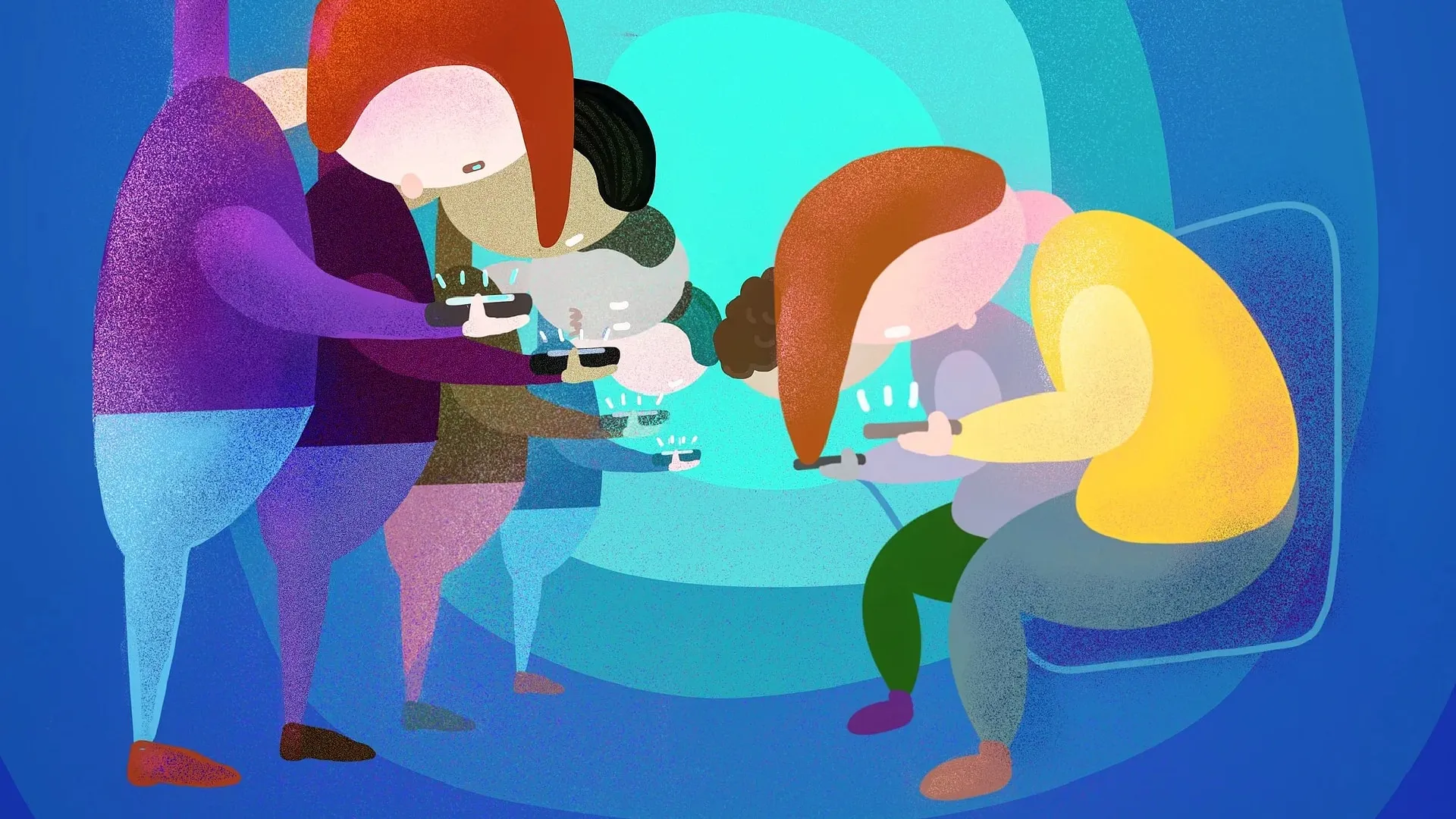 Dicht gedrängte Menschengruppe, illustriert, alle starren nach unten auf ihre Smartphones