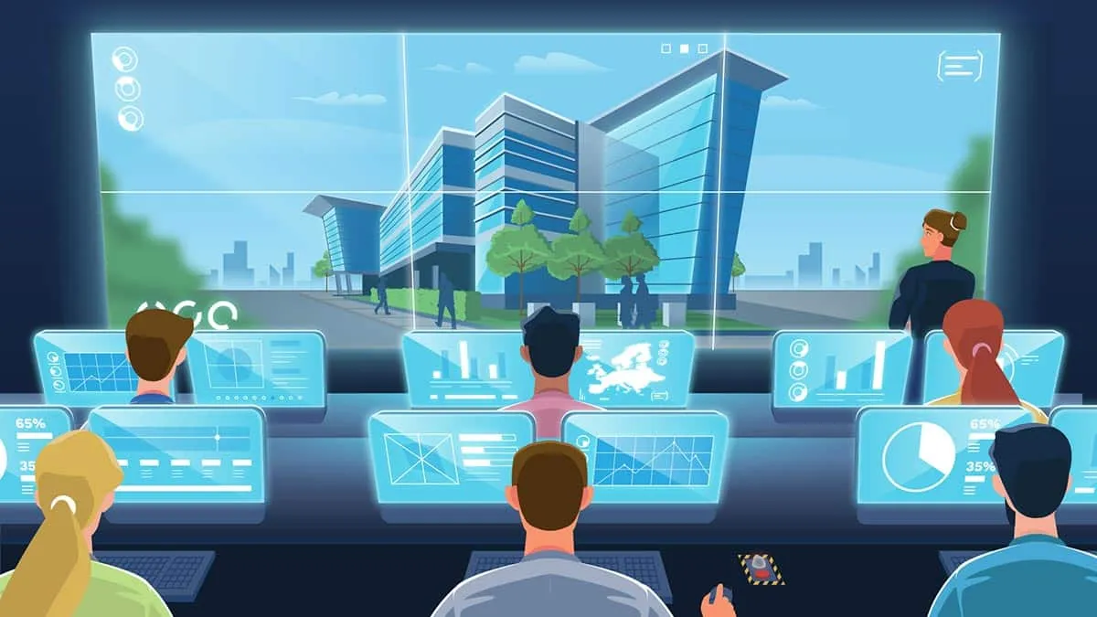 Illustrated control room: people at monitors, a video wall showing an office building under surveillance.