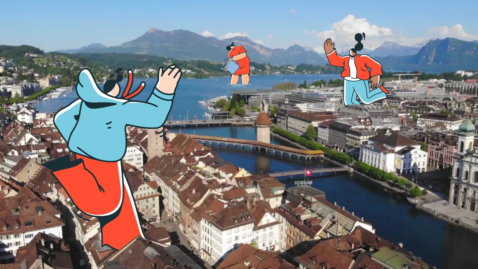 Aerial view of Lucerne with the Chapel Bridge, overlaid with oversized flat-drawn animated characters