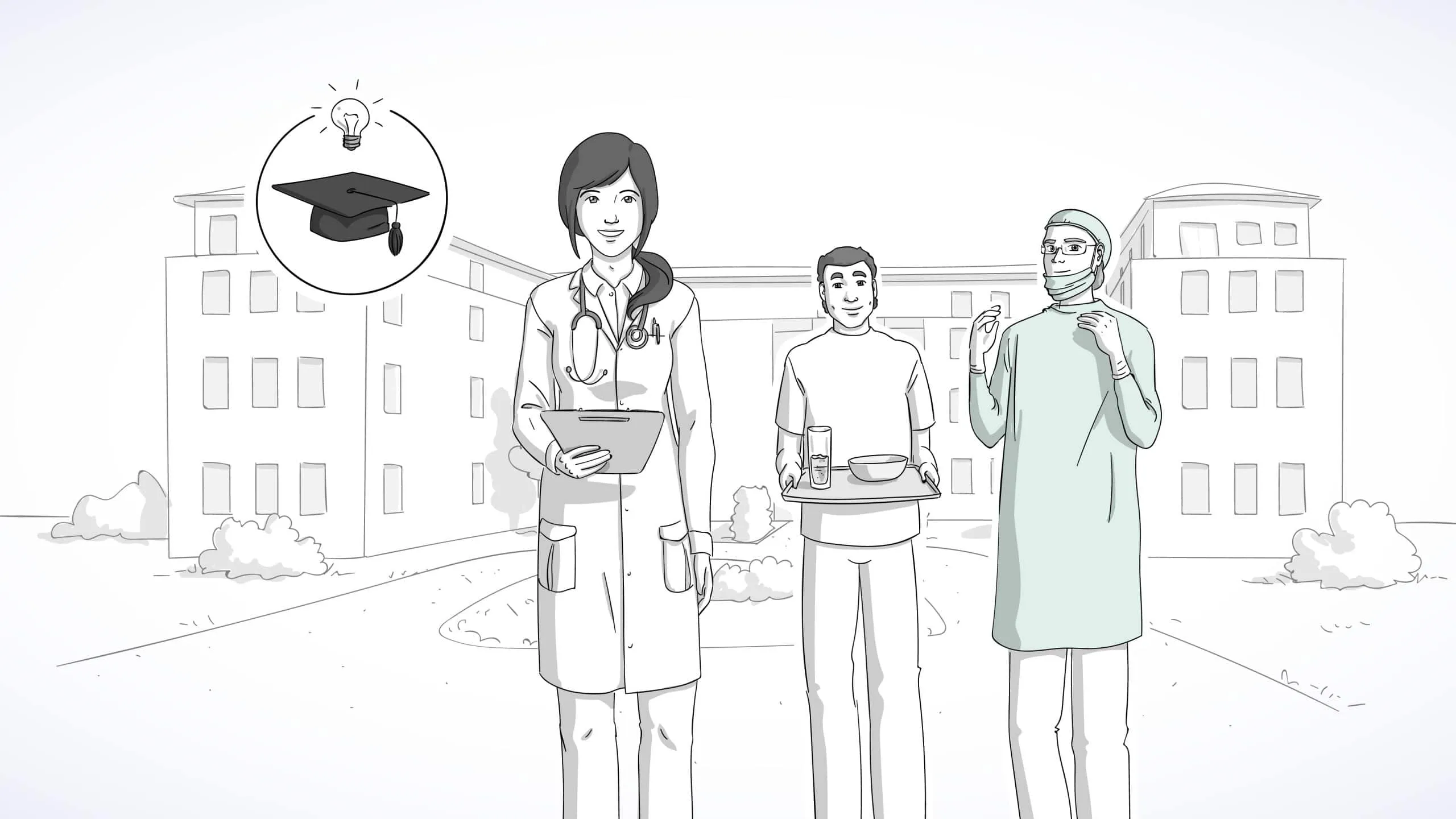 Line-drawn scene outside hospital buildings: a doctor with a clipboard, a carer with a meal tray and a surgeon.