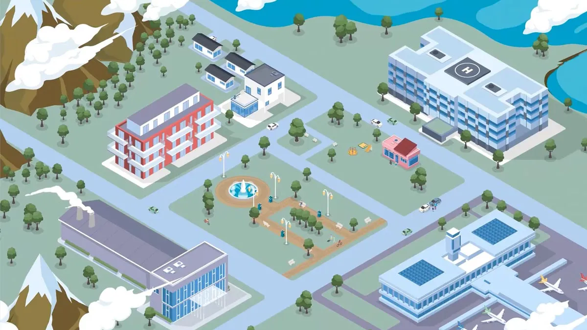 Isometric illustrated town with a hospital helipad, an airport, apartment blocks, a factory and a park by a lake.