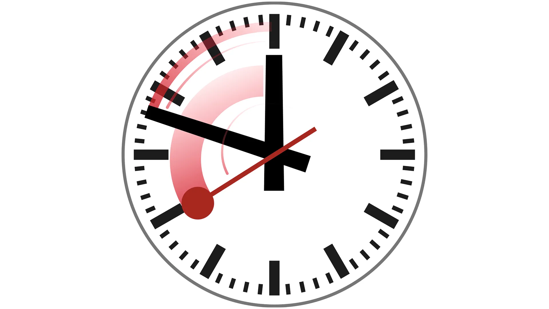 Swiss railway station clock at nine o'clock, its red second hand sweeping backwards with a motion trail