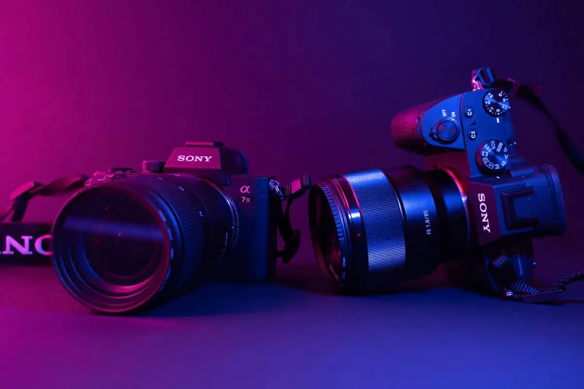 Zwei spiegellose Systemkameras mit Objektiven nebeneinander in pink-violettem Neonlicht.