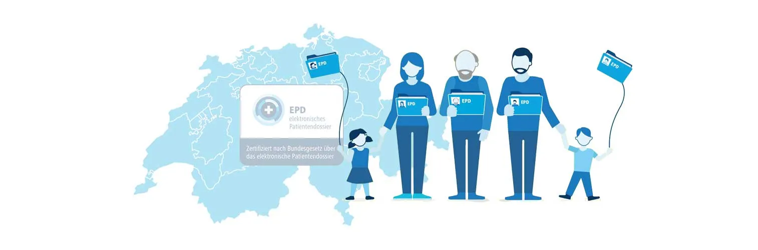 Family holding electronic patient record folders in front of a map of Switzerland, beside a certification label.