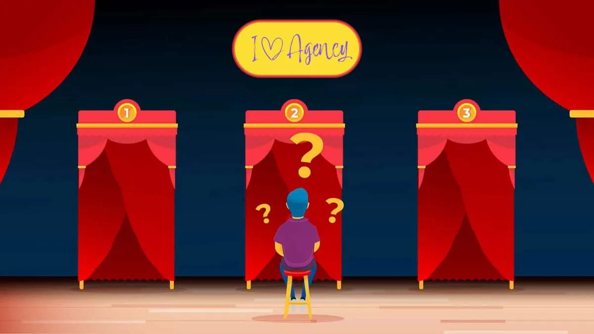 Man on a stool facing three curtained game-show booths with question marks under an I love Agency sign