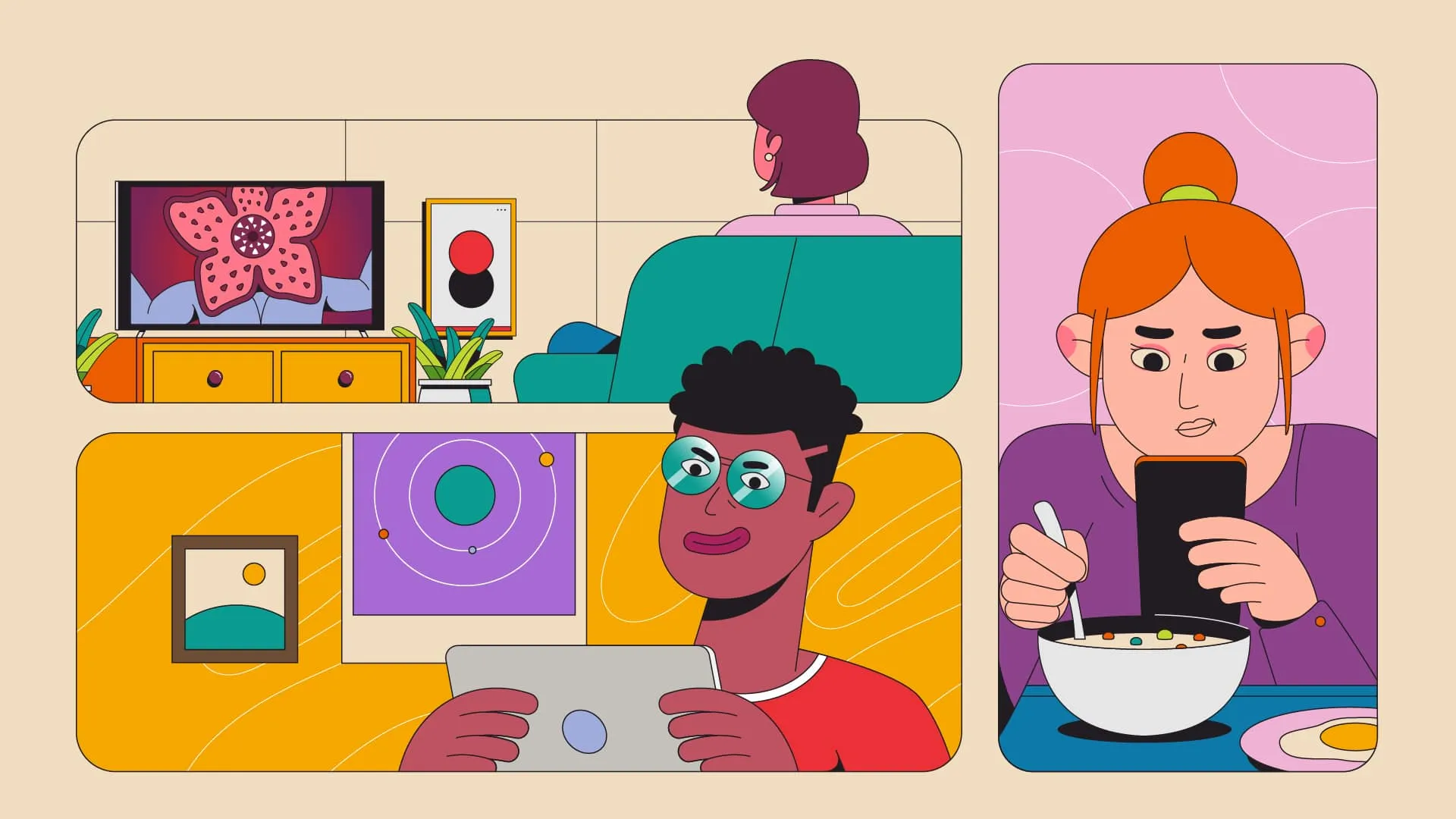 Bento-box layout of rounded tiles showing a TV scene, a person on a tablet and a woman on her phone while eating.