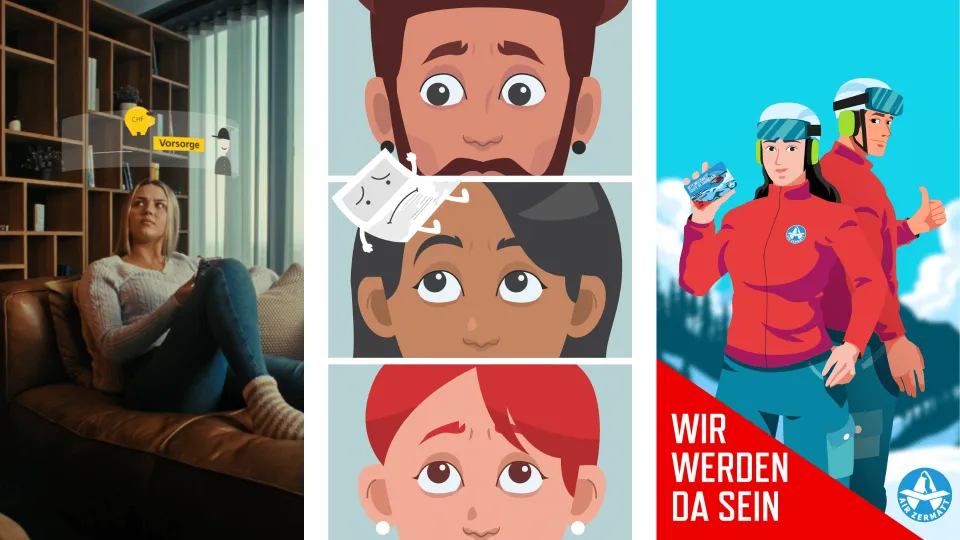 Three microvideo stills: a woman on a sofa with her phone, animated faces, a rescue-team poster