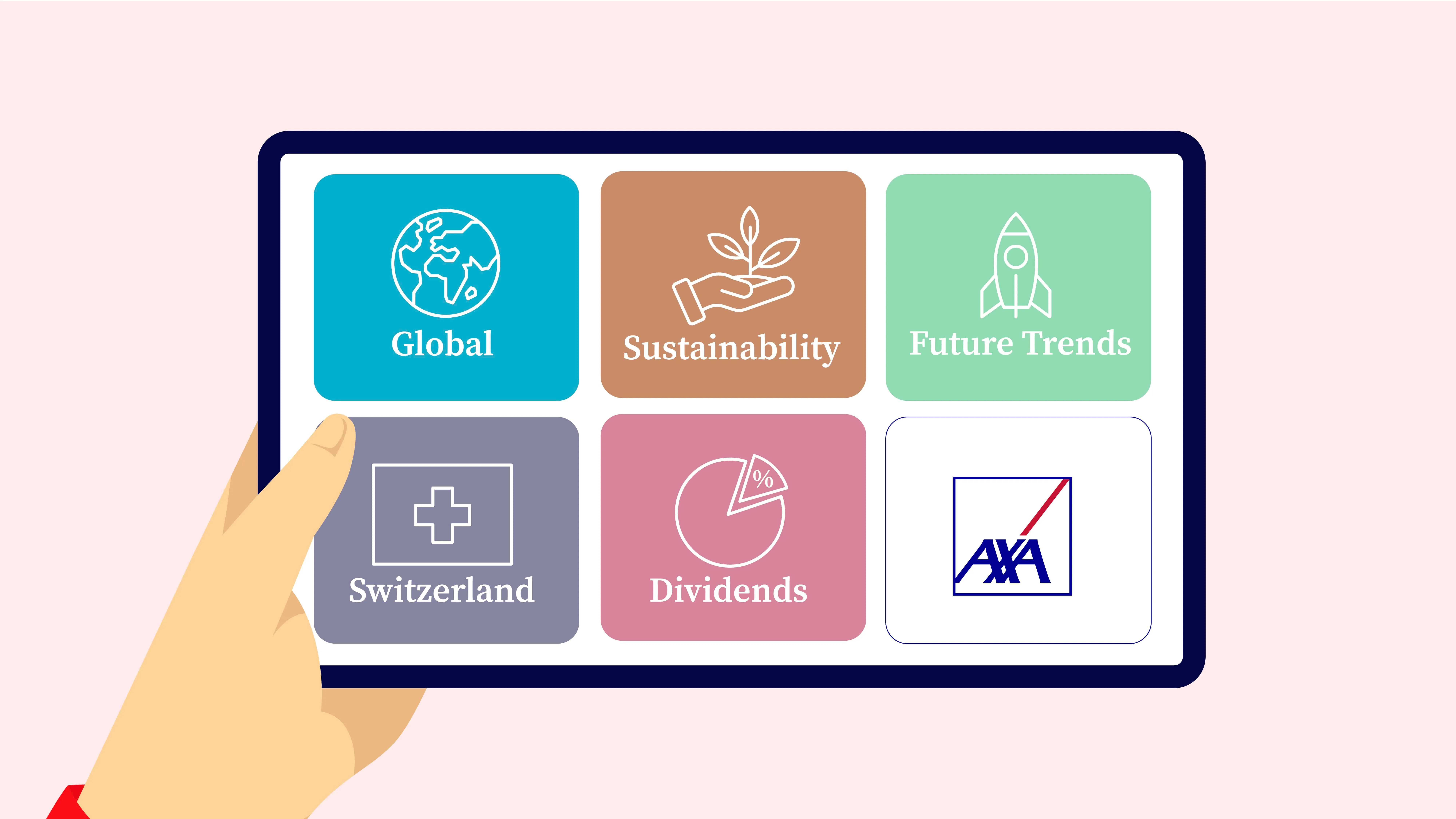 Illustration aus dem Erklärvideo AXA SmartFlex Analgethemen. Tablet mit sechs verschiedenen Buttons auf dem Screen.