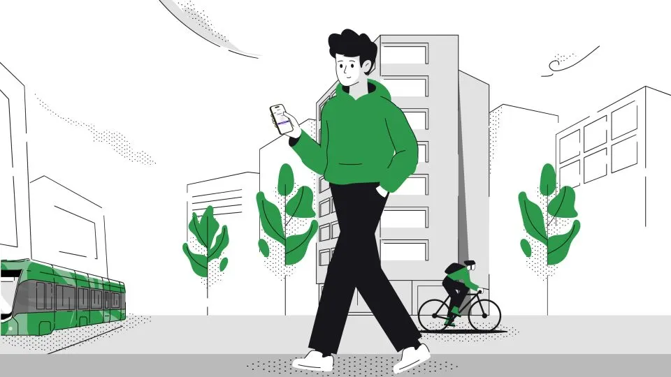 Line illustration of a man walking through the city with his phone, a green tram and a cyclist behind him