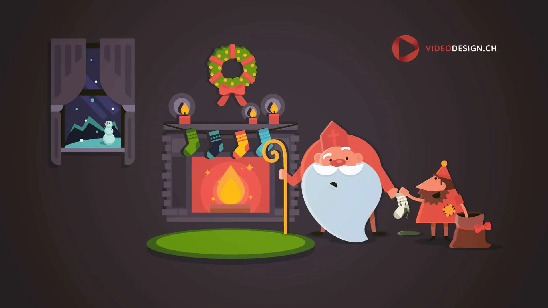 St Nicholas with mitre and crosier by a fireplace hung with stockings, next to a helper holding a sack.