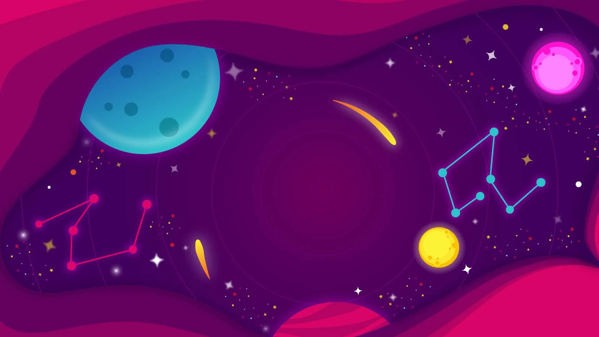 Illustrated outer space in purple and pink with planets, constellations and shooting stars.