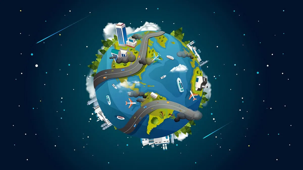 Stylised globe in a starry sky covered with cities, roads, ships, planes and wind turbines