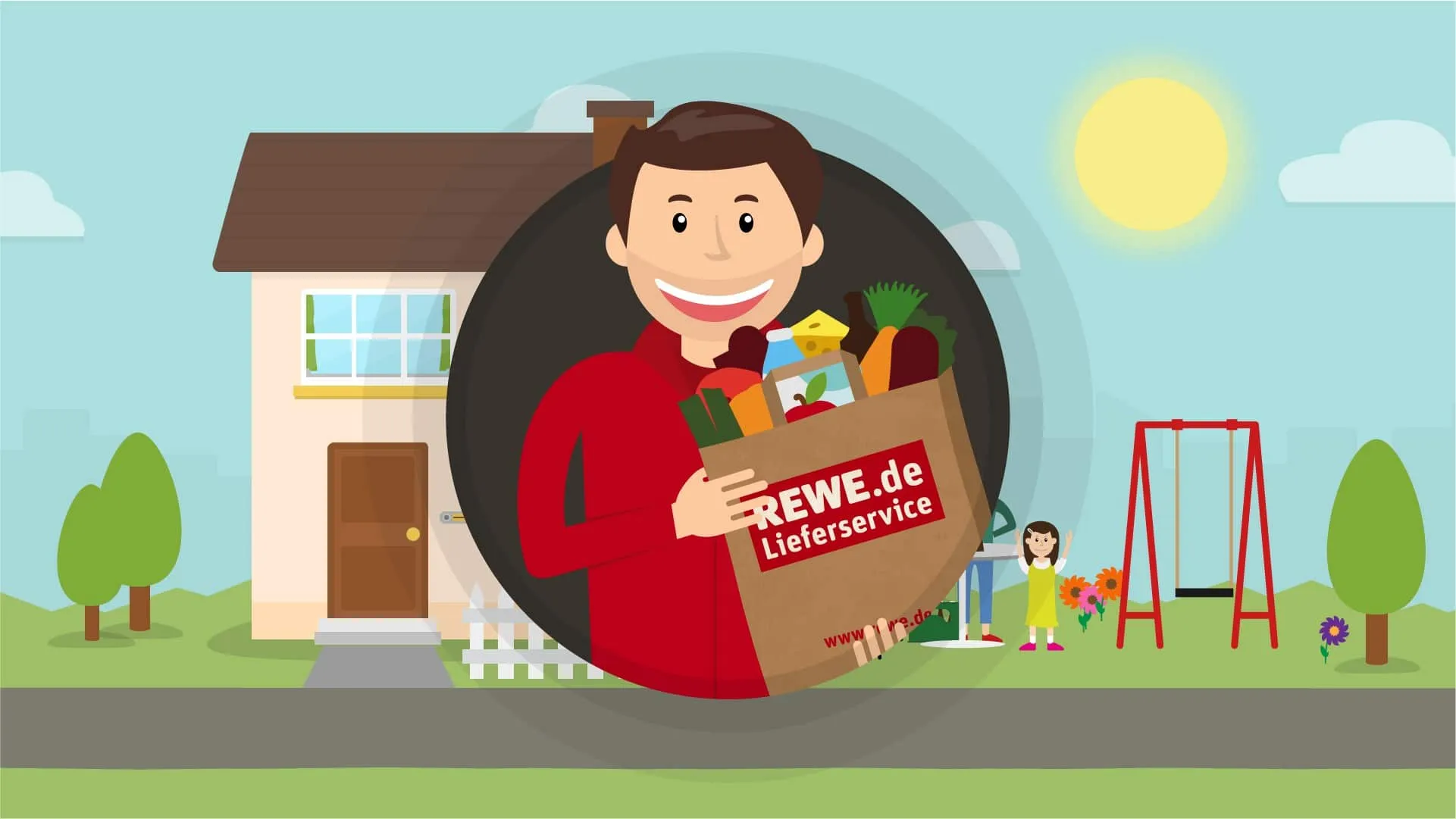 Cartoon delivery man in red holding a full grocery bag marked “REWE.de Lieferservice” outside a house
