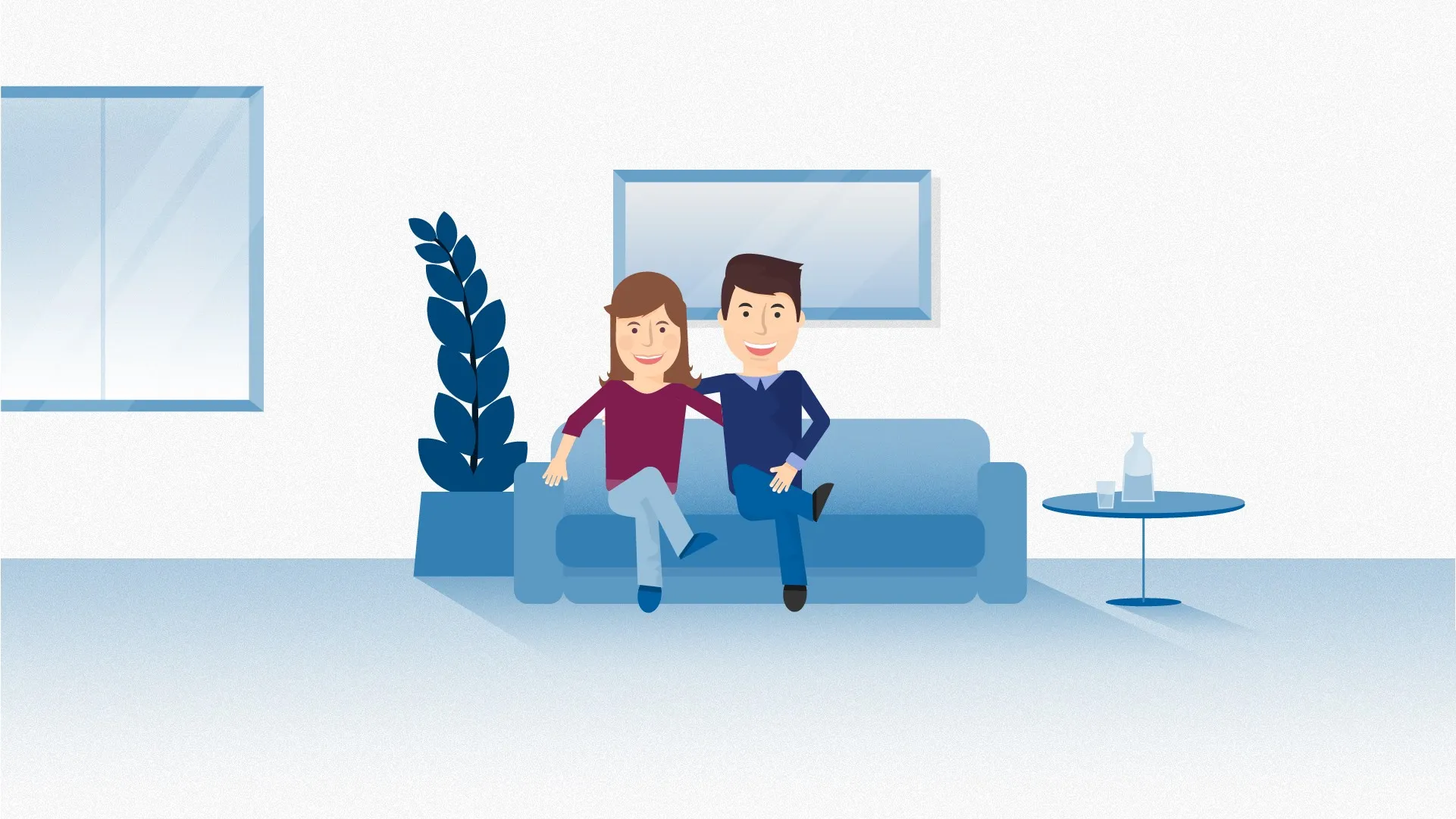 Flat blue illustration of a couple sitting relaxed on the sofa in their living room.