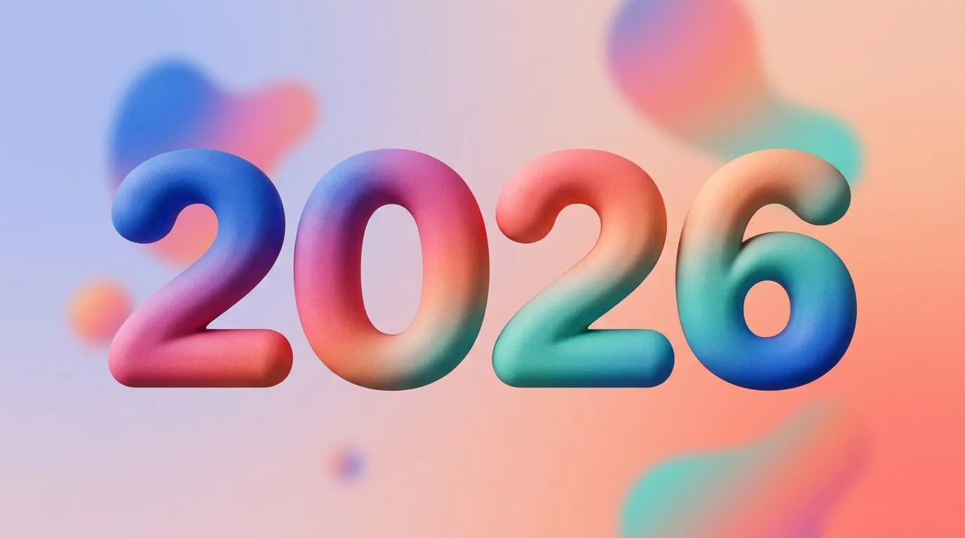 Soft 3D numerals reading 2026 in blended gradient colours on a pastel background.