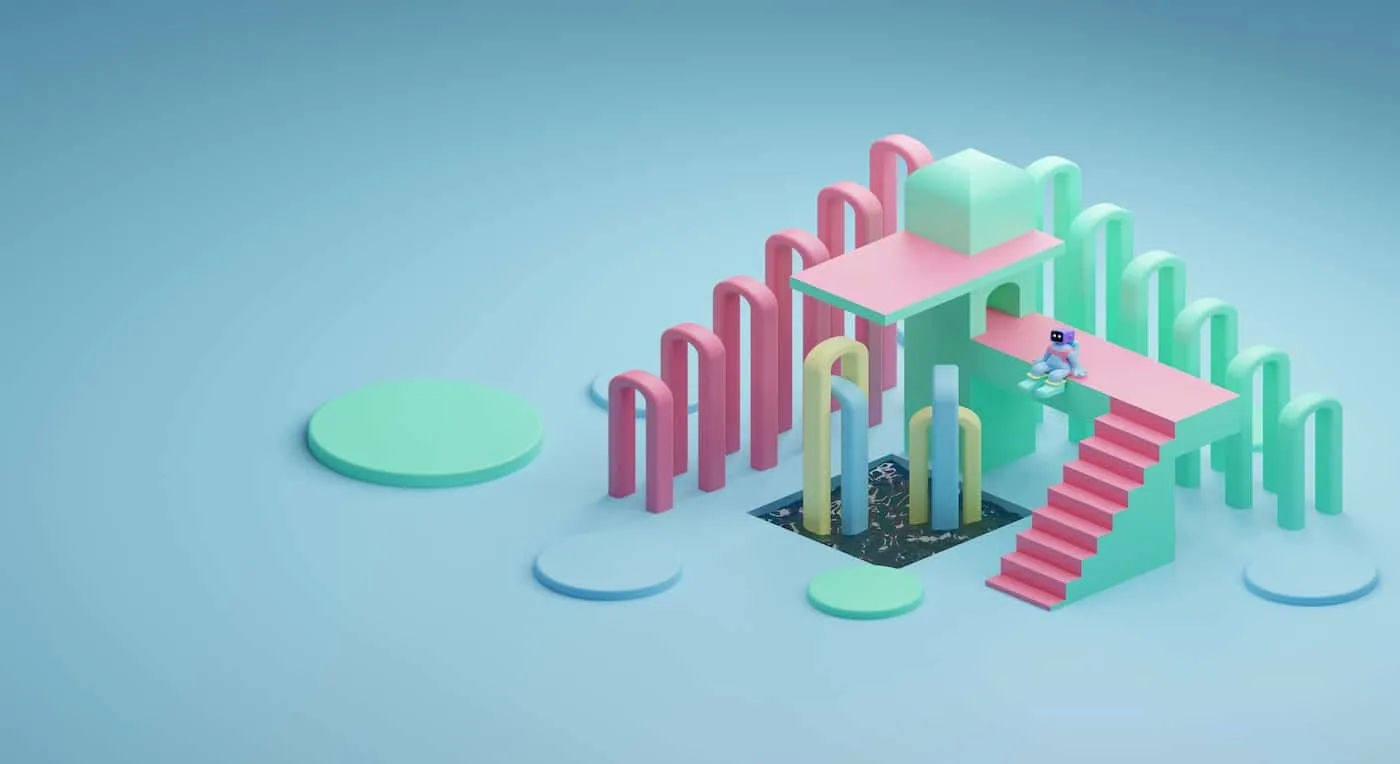 Pastel 3D scene of arches, stairs and platforms with a tiny figure riding a skateboard.