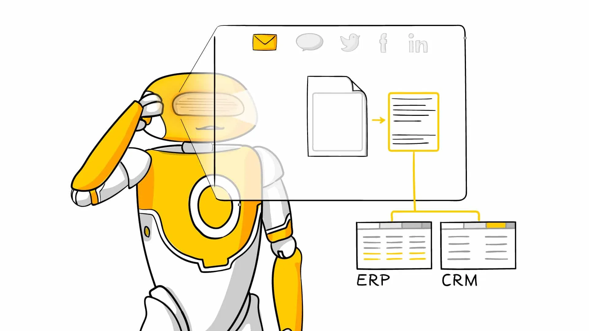 Cartoon robot saluting beside a screen where emails and messages become records feeding ERP and CRM