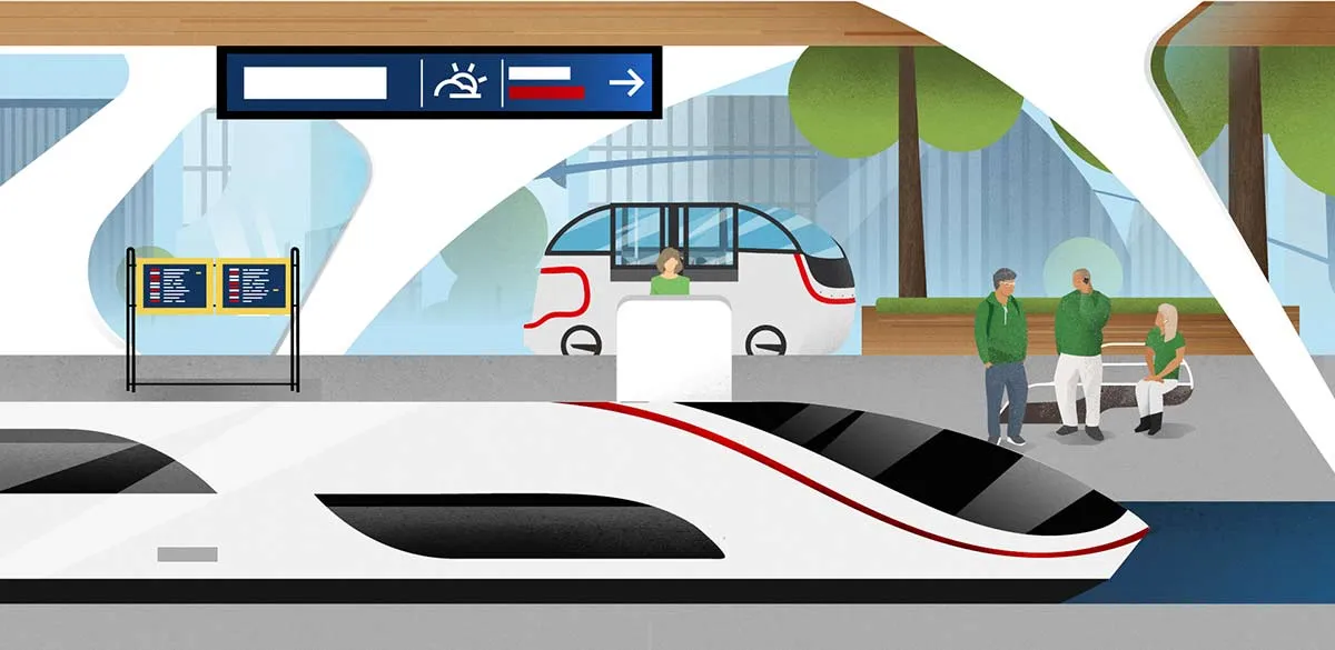 Illustrated station platform with a modern train, departure boards and travellers waiting on a bench.