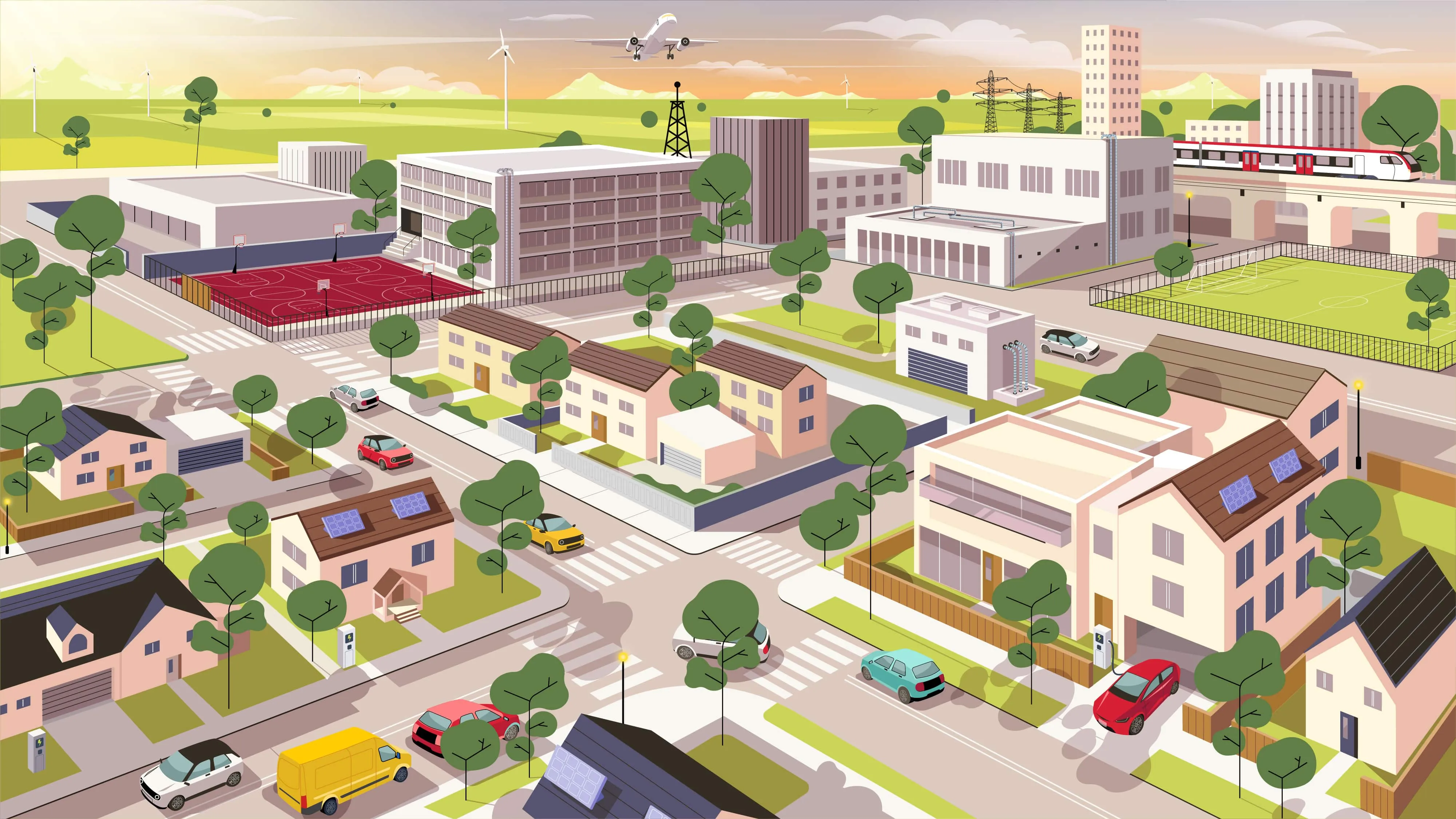 Illustration aus dem Erklärvideo Infrastrukur für Swiss Life. Eine Stadt mit vielen Gebäuden.