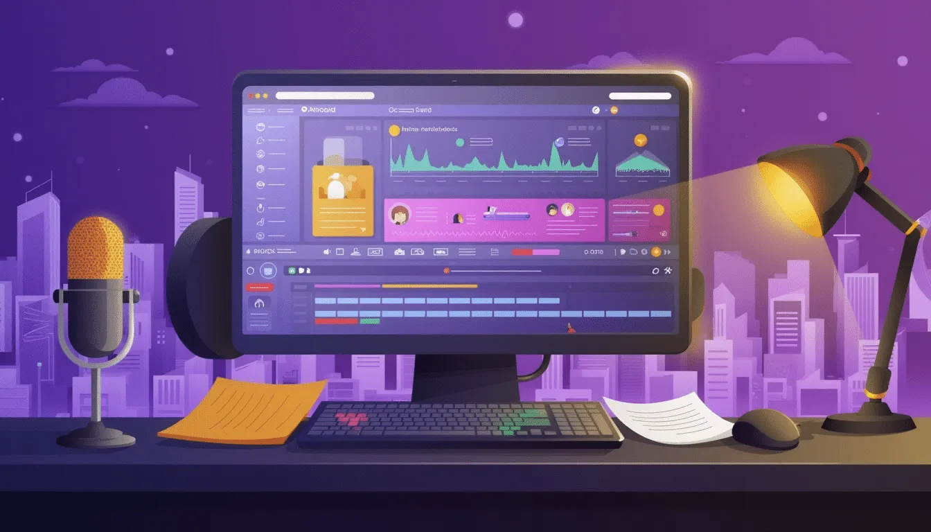 Illustrated editing desk with a video timeline and audio waveforms on screen, a studio mic and a desk lamp