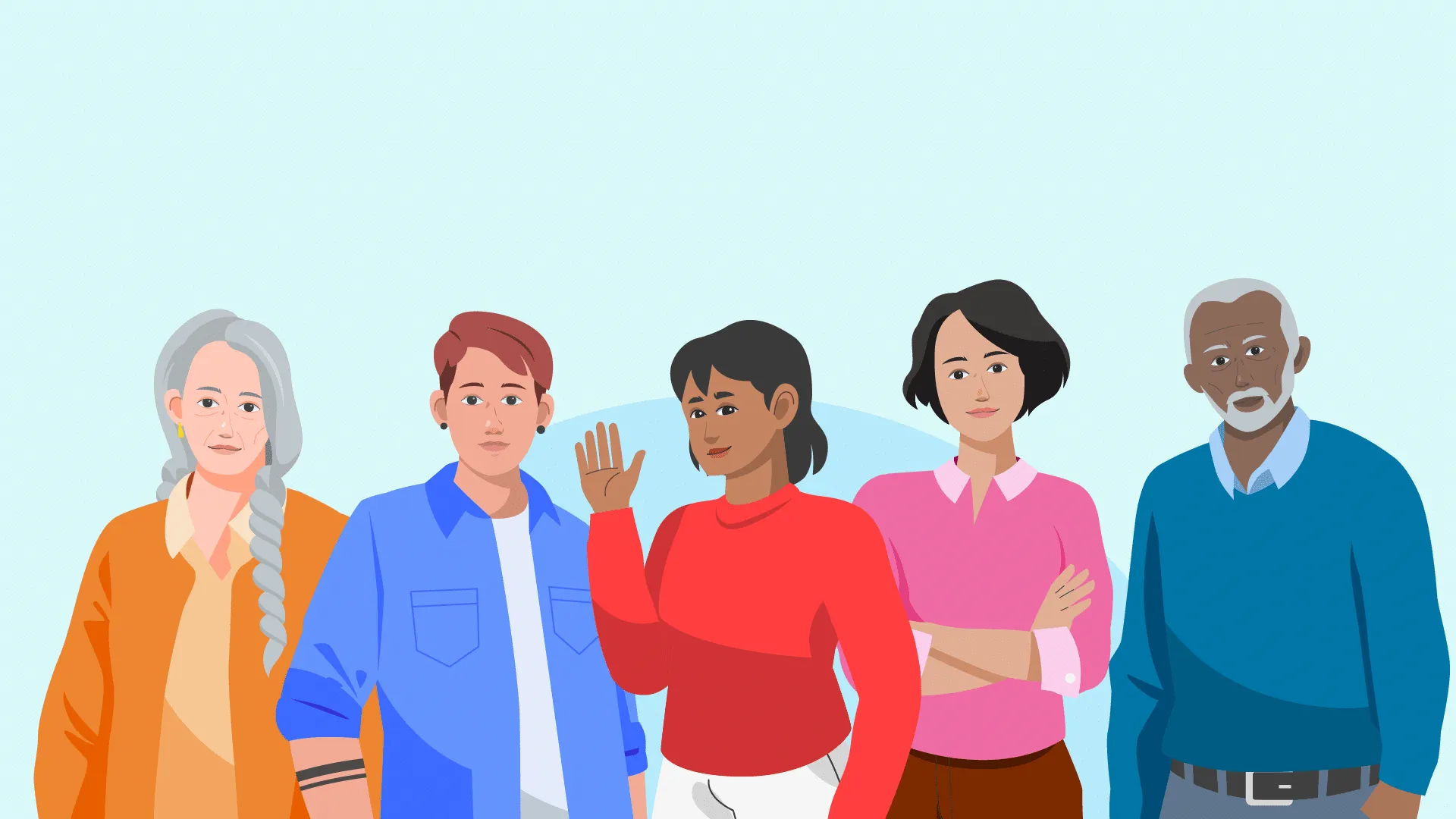 Five illustrated people of different ages and backgrounds standing side by side, one of them waving