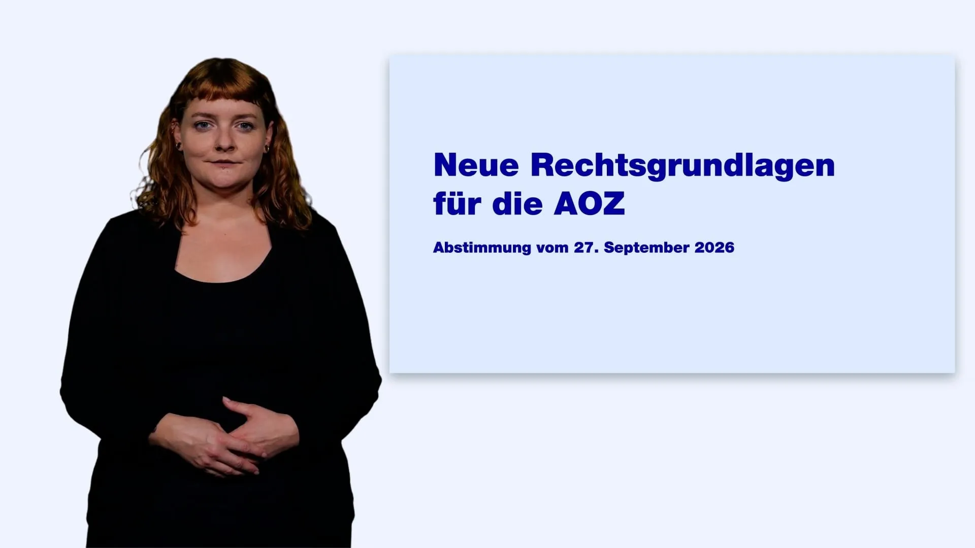 Frau neben dem Titel «Neue Rechtsgrundlagen für die AOZ» und dem Abstimmungsdatum 27. September 2026.