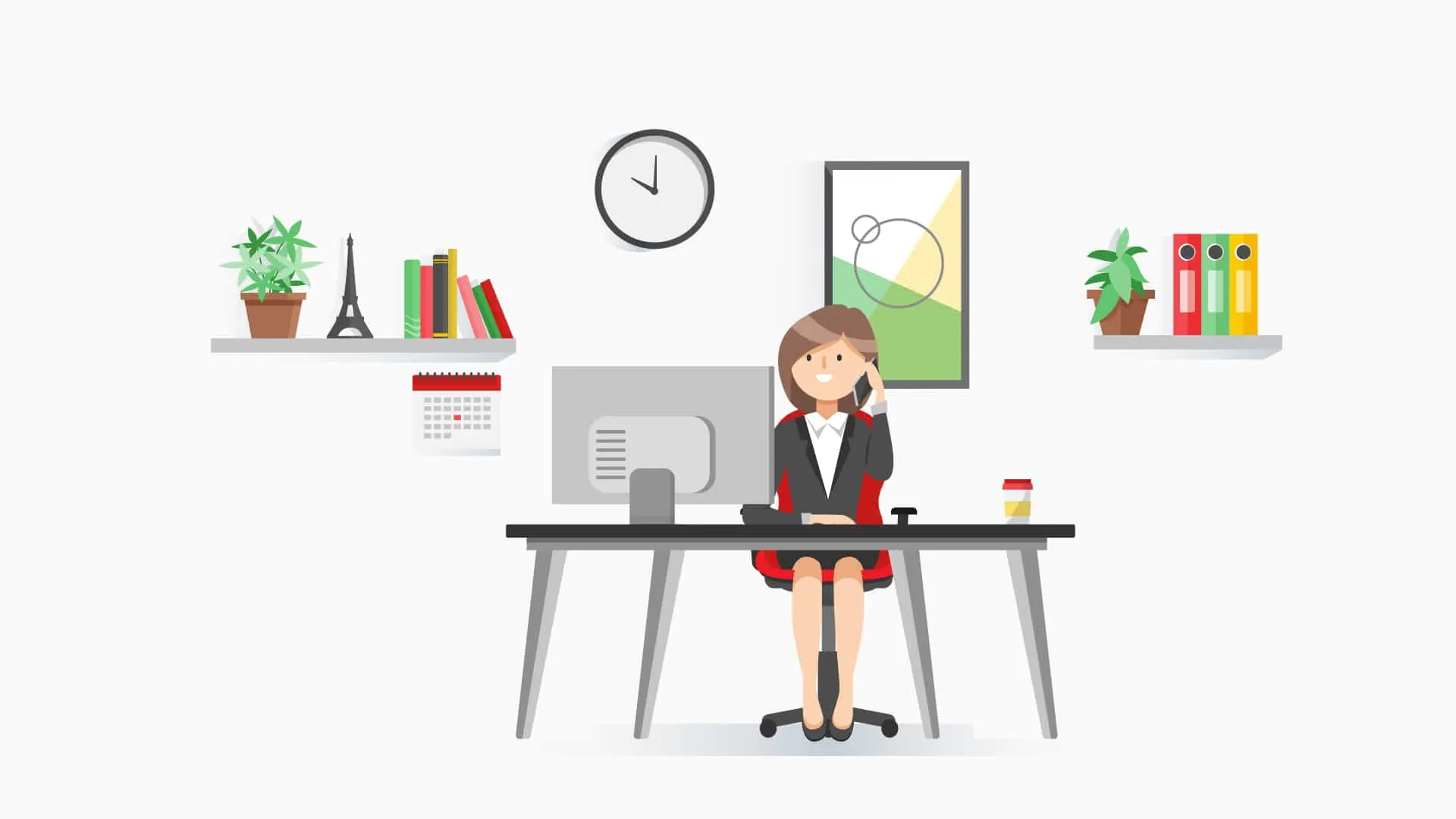 Woman on the phone at an office desk, shelves behind her with plants, books, a clock and a calendar