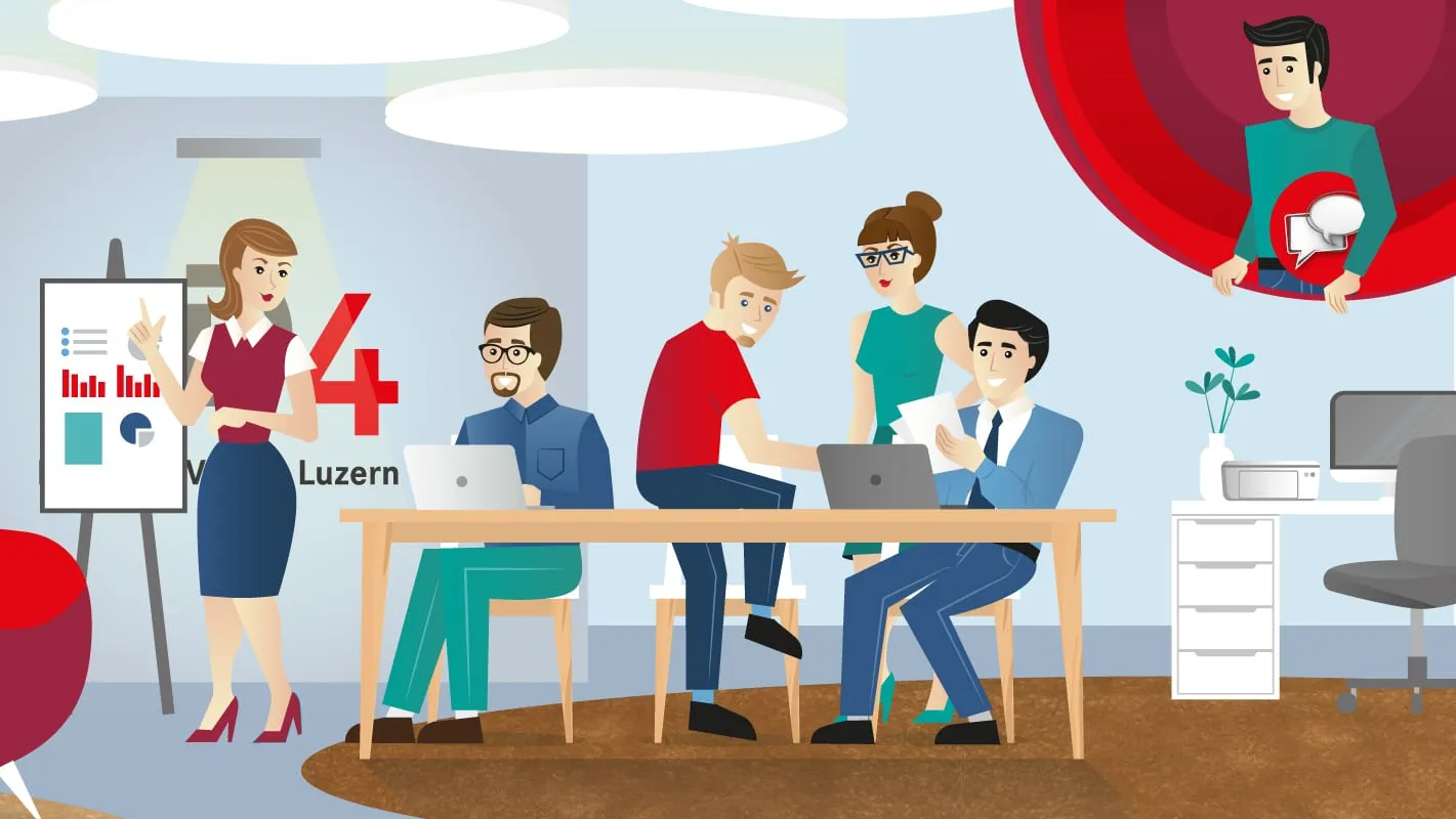 Illustrated coworking office: a team with laptops at a table and a woman presenting charts on a flip chart.