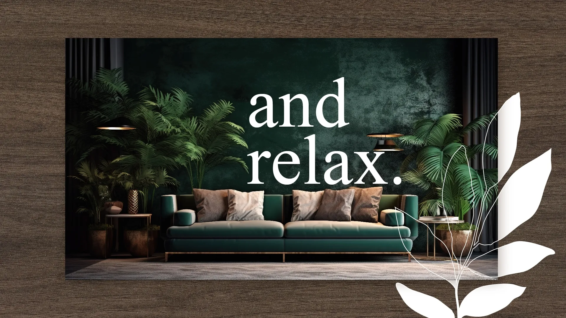 Wohnzimmerszene auf einer Holzwand: dunkelgrünes Sofa, Palmen und Hängeleuchten unter dem Schriftzug ‘and relax.’