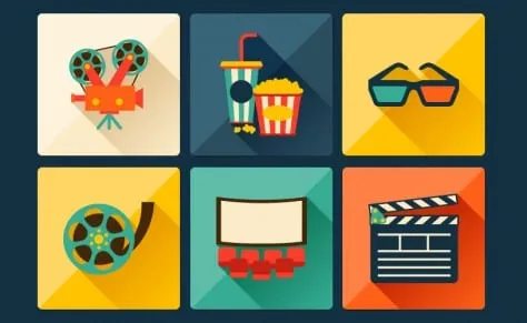 Six flat cinema icons: film camera, popcorn and drink, 3D glasses, film reel, screen with seats, clapperboard