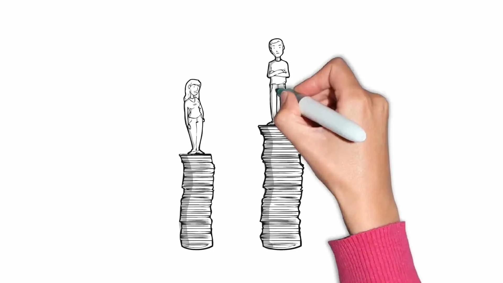 Whiteboard animation: a hand draws a woman on a short stack of coins and a man on a much taller one