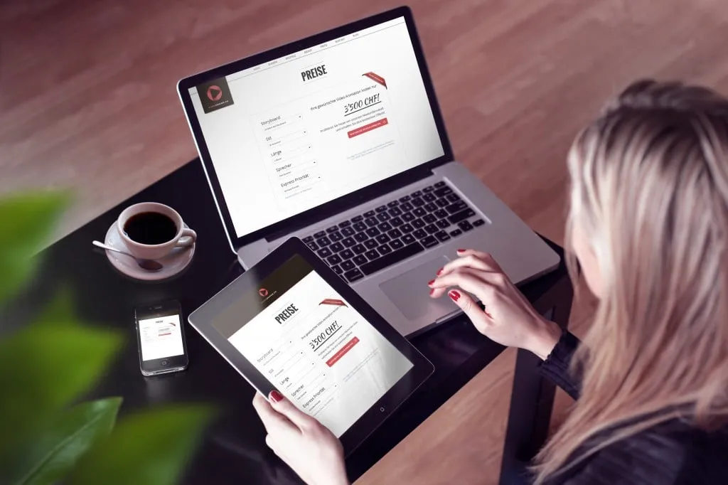 Woman compares a pricing page on laptop and tablet, showing video options and an amount of 3,500 CHF.